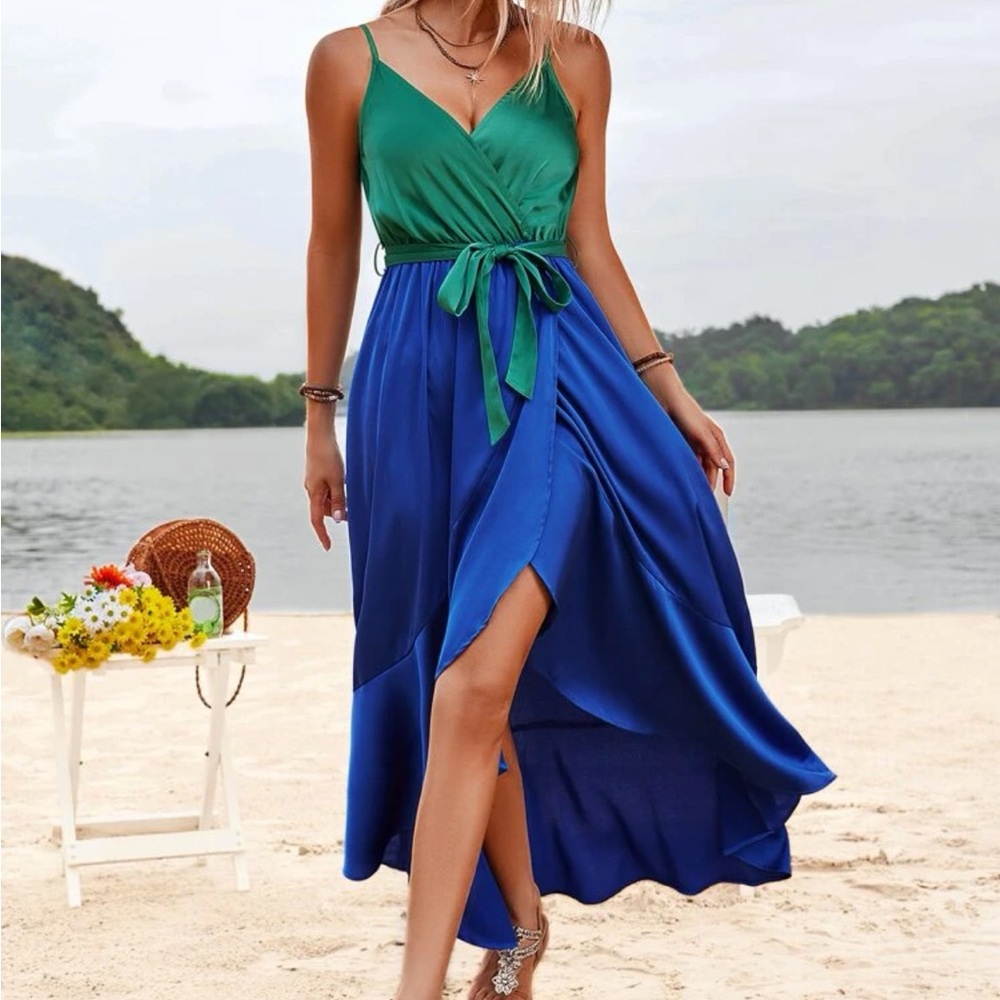 NEW SHEIN size small 4 6 blue green satin ruffle trim dress cami long split leg